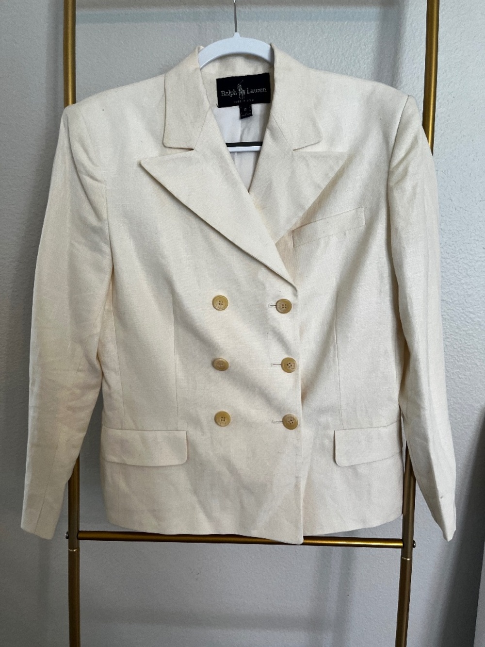 Vintage Ralph Lauren Made USA 100 Linen Ivory Double Breasted Blazer Size 8